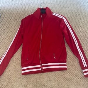 Red Jacket with white stripes on sleeves